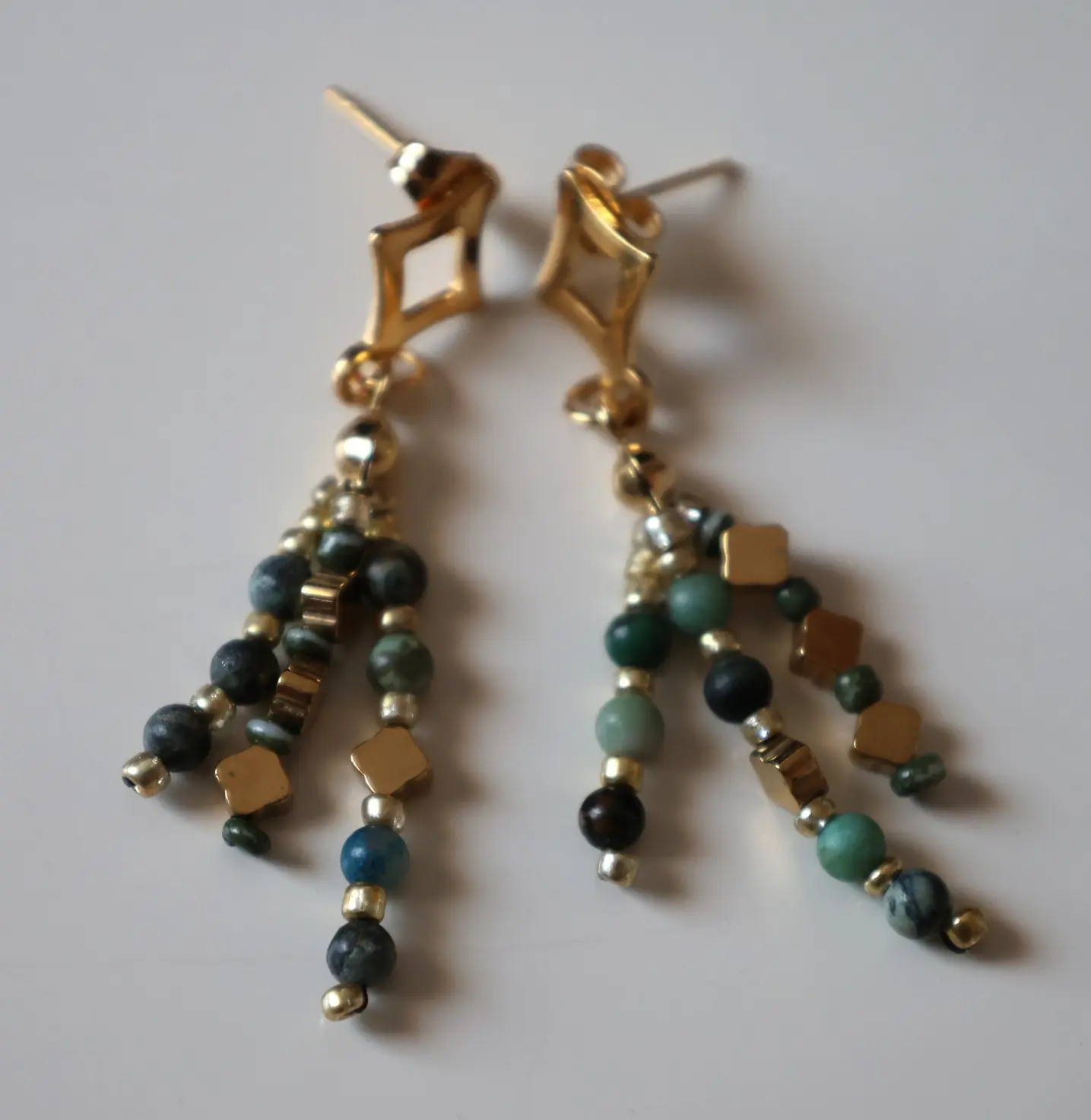 Boucles d'oreilles grappe 3 brins turquoise africaine et dorée